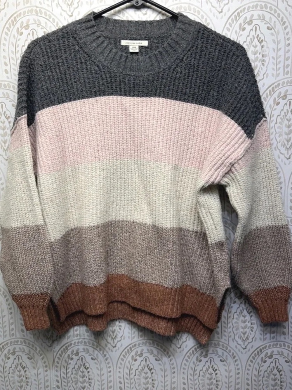 Cozy Striped Crewneck Sweater - Grey, Pink, Cream & Brown